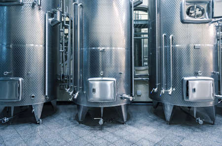Modern stainless steel wine vats, winery interiorの写真素材