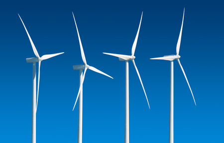 Three-bladed horizontal-axis wind turbines in a row isolated on blue background