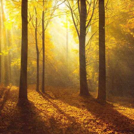 Misty morning in a park during fall, colorful trees, fallen leaves and thick fog. Digital illustration based on render by neural networkの素材