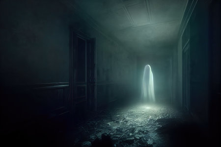 White spooky ghostly figure flying at the end of a dark corridor in abandoned haunted house. Horror story 3D digital illustrationの素材