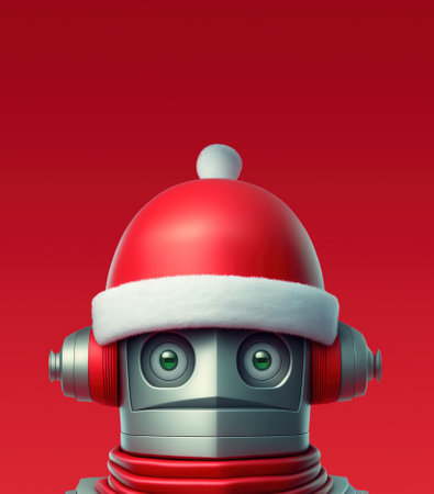 Surprised funny robot in Santa hat headshot over red background, Christmas sale concept, 3D illustration with copy spaceの素材
