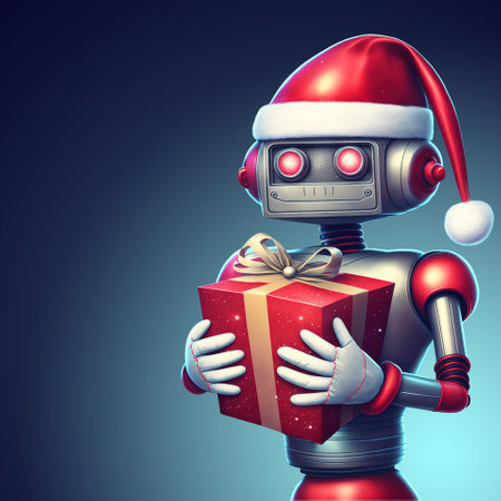 Smiling retro robot in Santa hat holding a Christmas gift over blue background with copy space, 3D illustrationの素材
