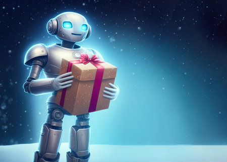 Humanoid robot stands holding a gift box against blue background under falling snow with copy space, 3D illustrationの素材