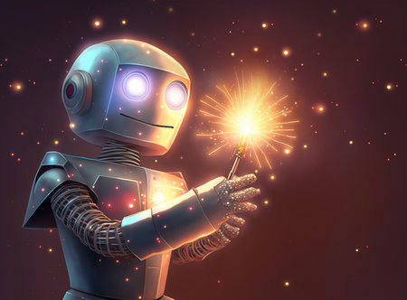 Smiling robot holding a sparkler in his hands over dark brown background, 3D illustration with copy spaceの素材