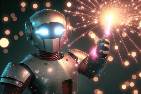 Cyborg robot holding a sparkler, dark background with bokeh lights, digital illustrationの素材