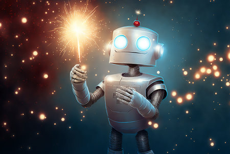 Smiling robot with sparkler light in its hand, sparkles over dark blue background, digital illustrationの素材