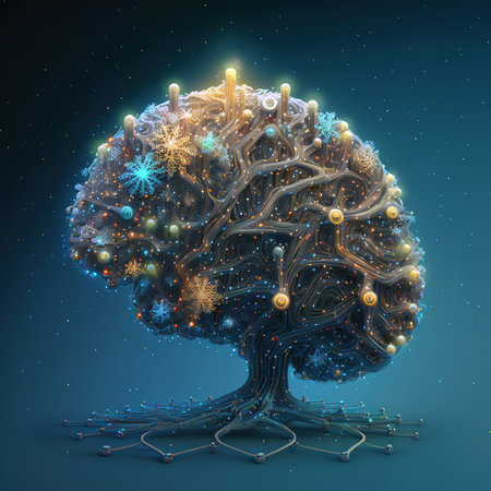 Wires and curcuits in shape of human brain and decorated Christmas tree, neural network concept, 3D illustrationの素材
