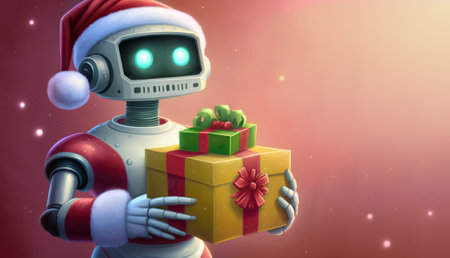 Robot Santa holding gift boxes over red background, 3D illustration with copy spaceの素材