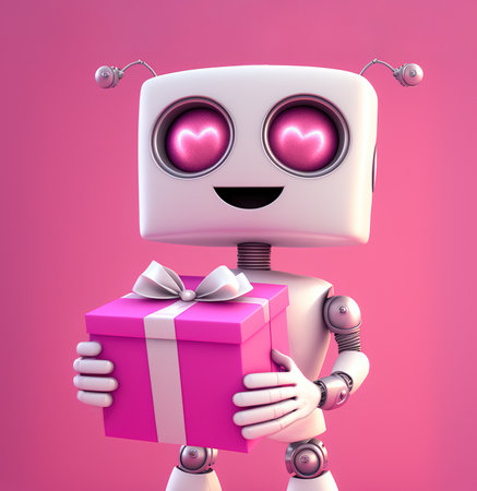 Cute robot in love, holding a Valentine day's gift box over pink background. 3D illustrationの素材