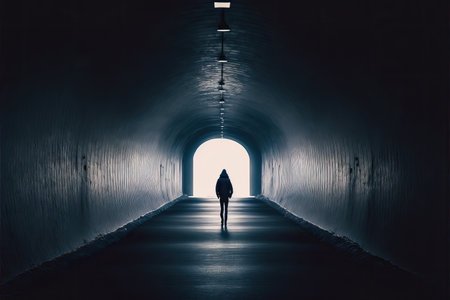Lonely silhouette of a teenager walking to the light in the end of a dark tunnel, generative AI illustration with copy spaceの素材