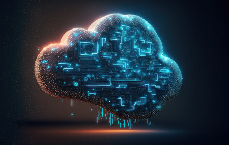 A digital cloud made of glowing computer circuits, representing the power and connectivity of cloud computing technology, generative AI illustrationの素材