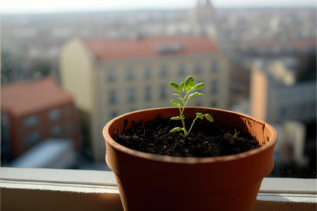 Close up of a seedling in a clay pot on a windowsill over the city skyline in the background, generative AI illustrationの素材