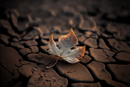 Closeup of a dead tree leaf on a dried ground, climate change concept, generative AI illustrationの素材