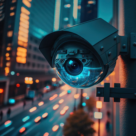 A close-up of a hi-tech security camera watching over the busy city street at night, generative AI illustrationの素材