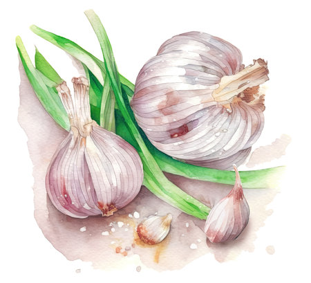 Garlic fresh bulbs and leaves over white background, generative AI illustration in watercolor styleの素材