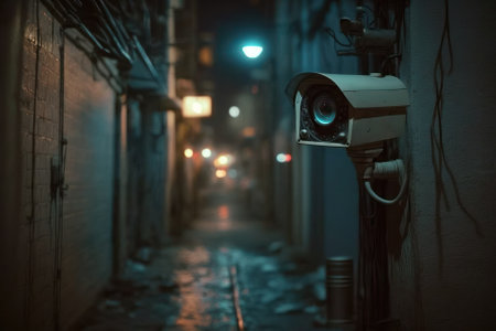 A security camera monitoring a dim and eerie alley, generative AI illustrationの素材