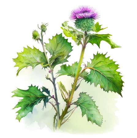 Burdock (lappa) plant with flower over watercolor background, generative AI realistic illustration over white backgroundの素材