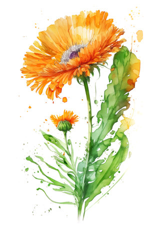 One marigold (calendula) flower in watercolor splash isolated on white background, generative AI illustrationの素材