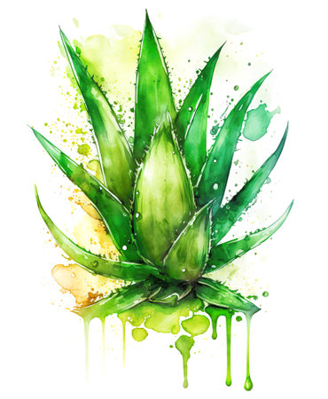 Aloe Vera plant in watercolor splash over white background, aloe juice concept, generative AI illustrationの素材