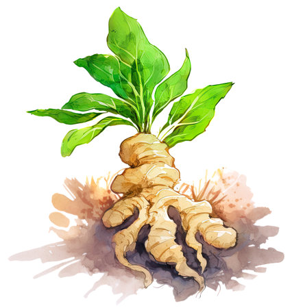 Ginger roots with leaves isolated on white background, generative AI watercolor illustrationの素材