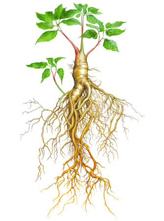 Ginseng plant with long roots isolated on white, generative AI realistic watercolor illustrationの素材