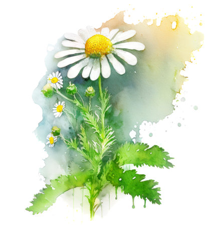 Feverfew flower over watercolor splash background, generative AI watercolor illustrationの素材