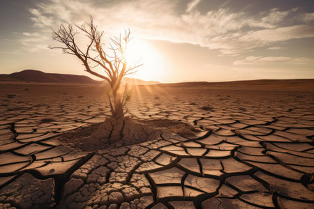 A cracked drought landscape with dead tree and sun in the background, generative AI illustrationの素材