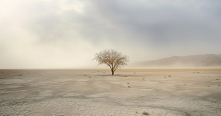 Dry, barren landscape with a lone tree in the middle and a sand storm coming, generative AI illustrationの素材
