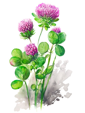 Red clover flowers with leaves over white background, generative AI watercolor illustrationの素材