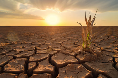 Dried plant on a cracked barren land, climate change concept, generative AI illustrationの素材