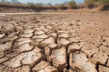 Close up of a dried lake bed cracked surface, global warming concept, generative AI illustrationの素材