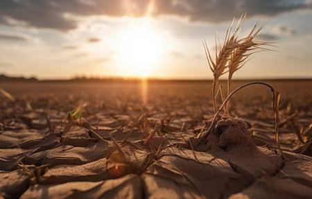 Closeup of tiny wheat ears in dry cracked field, global warming concept, generative AI realistic illustrationの素材