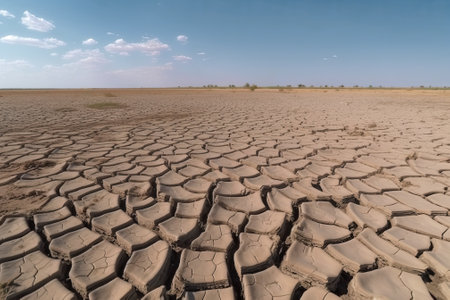 Dried cracked land panorama, desertification concept landscape, generative AI illustrationの素材
