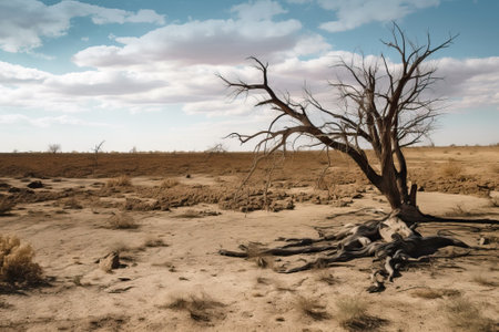 Dead tree and vegetation, drought landscape, generative AI realistic illustrationの素材