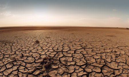 Draught land with cracked soil panorama, generative AI realistic illustrationの素材