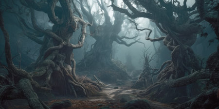 Spooky trees in dark fantasy forest, generative AI illustrationの素材