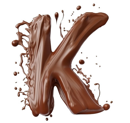 Chocolate letter K isolated on white background, top view, generative realistic AI illustrationの素材