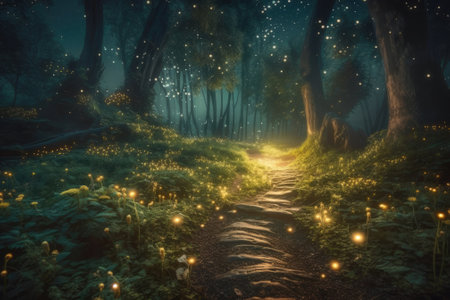 Fantasy night forest filled with fireflies, generative AI illustrationの素材