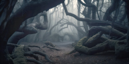 Dark fantasy forest with creepy trees, generative AI illustrationの素材