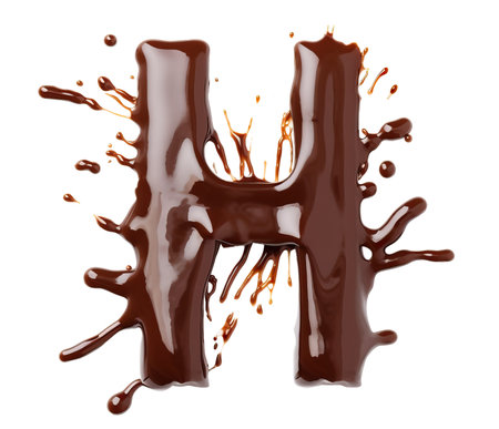 Letter H made of melted chocolate splash over white background, generative realistic AI illustrationの素材