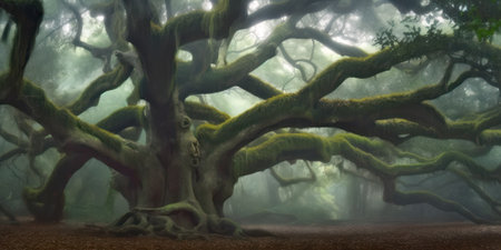 Ancient oak tree covered with moss, generative AI illustrationの素材