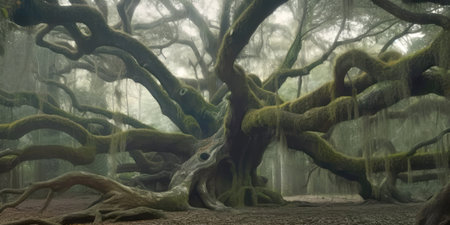 Dramatic huge ancient oak tree, generative AI illustrationの素材