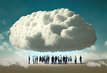 A group of people standing under a giant cloud, symbolizing the power and accessibility of cloud computing, generative AI illustrationの素材