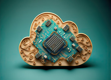 An intricate computer chip with a cloud-shaped circuit board, representing the connection between cloud computing and the digital world, generative AI illustrationの素材