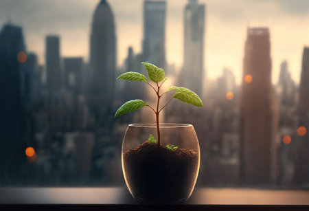 A seedling taking root in glass container on a windowsill, with city visible through the window, generative AI illustrationの素材