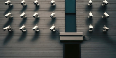 Panoramic view of multiple security cameras mounted on a building's exterior, generative AI illustrationの素材