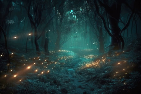 Enchanted forest at night with fireflies, generative AI illustrationの素材