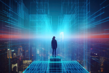 A girl standing on top of a glowing holographic building gazing at futuristic city, virtual reality concept, generative AI illustrationの素材