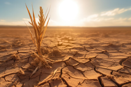 Dried ear of wheat in dry cracked soil, climate change and food crisis concept, generative realistic AI illustrationの素材
