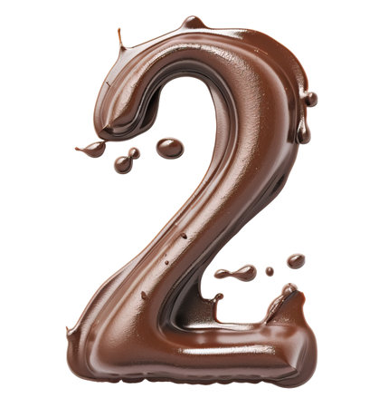 Number 2 made of melting chocolate over white, top view, generative AI illustrationの素材